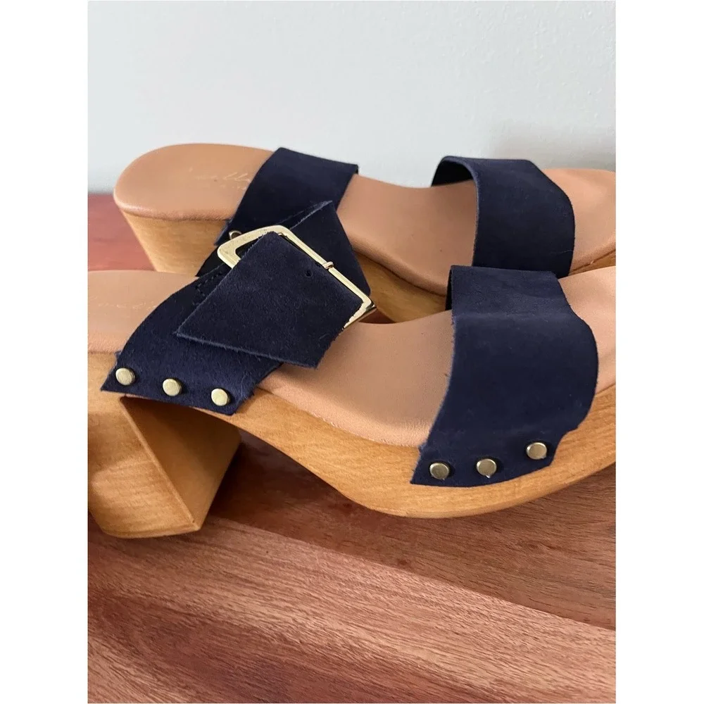 Avellino Italy Navy Blue Suede Wood Platform Block Heel‎ Sandals 39 8 3708